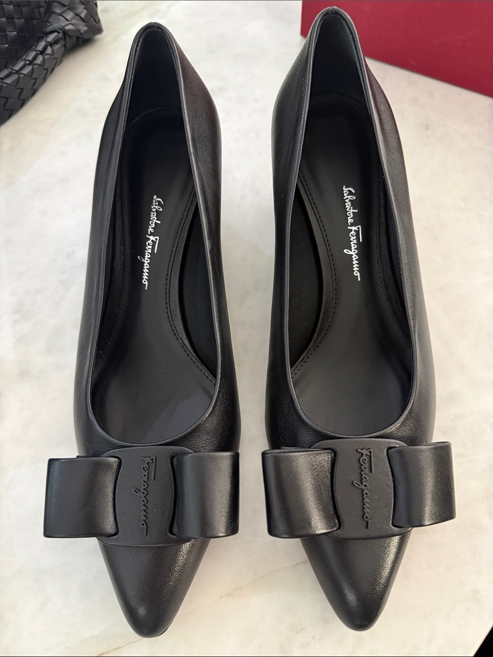 Salvatore Ferragamo Black Leather Pointed-Toe Flats with Signature Bow
